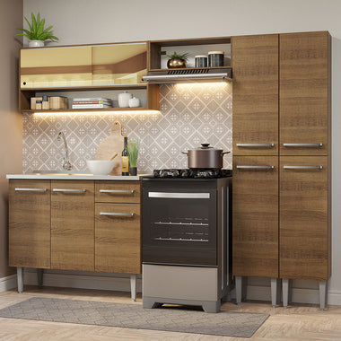 Combo completo de Cocina 229 cm 9 Puertas 1 Cajón con Bacha de Acero Inoxidable Marrón Emilly Madesa