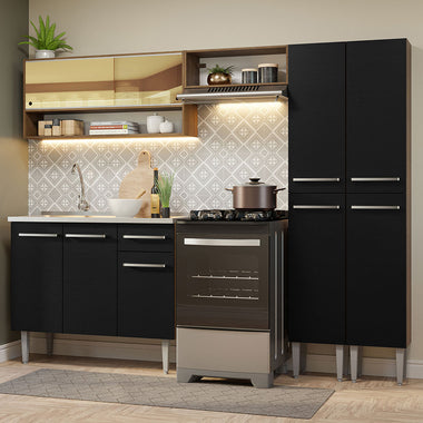Combo completo de Cocina 229 cm 9 Puertas 1 Cajón con Bacha de Acero Inoxidable Marrón/Negro Emilly Madesa
