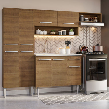 Combo completo de Cocina 229 cm 9 Puertas 1 Cajón con Bacha de Acero Inoxidable Marrón Emilly Madesa