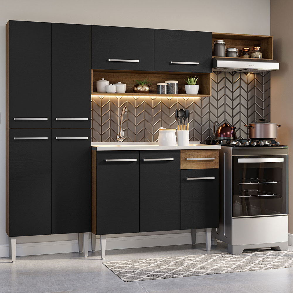 Combo completo de Cocina 229 cm 9 Puertas 1 Cajón con Bacha de Acero Inoxidable Marrón/Negro Emilly Madesa