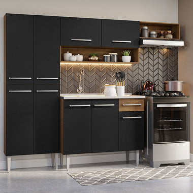 Combo completo de Cocina 229 cm 9 Puertas 1 Cajón con Bacha de Acero Inoxidable Marrón/Negro Emilly Madesa