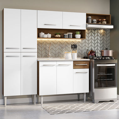 Combo completo de Cocina 229 cm 9 Puertas 1 Cajón con Bacha de Acero Inoxidable Marrón/Blanco Emilly Madesa