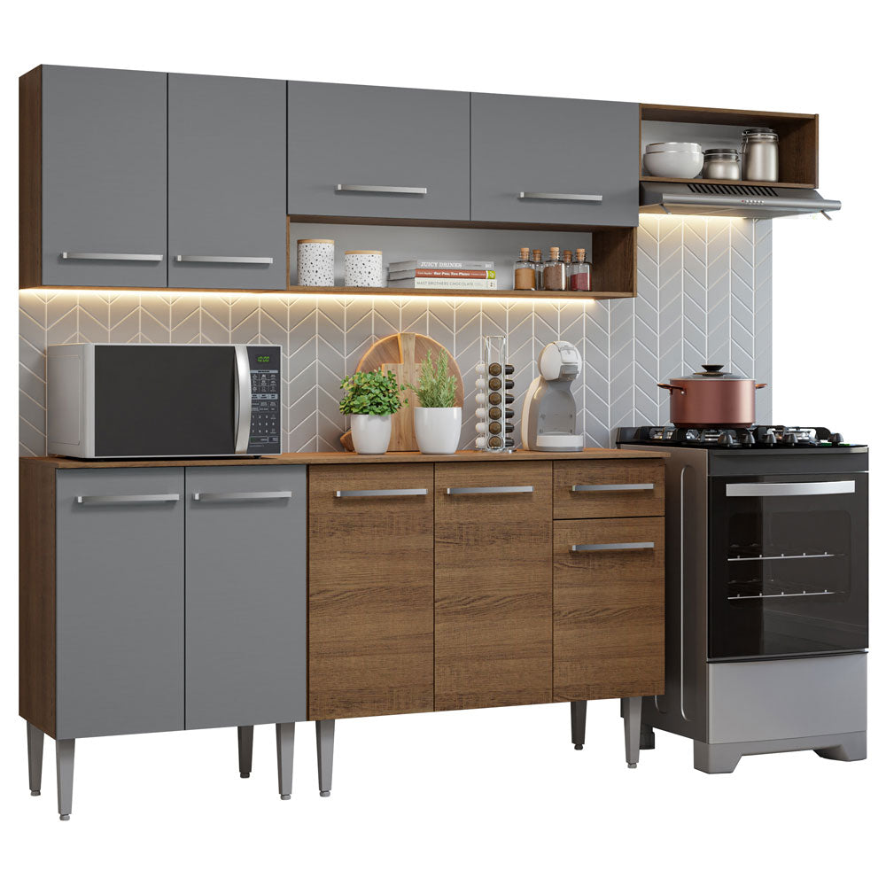 Combo completo de Cocina 229 cm 9 Puertas 1 Cajón Marrón/Gris Emilly Madesa