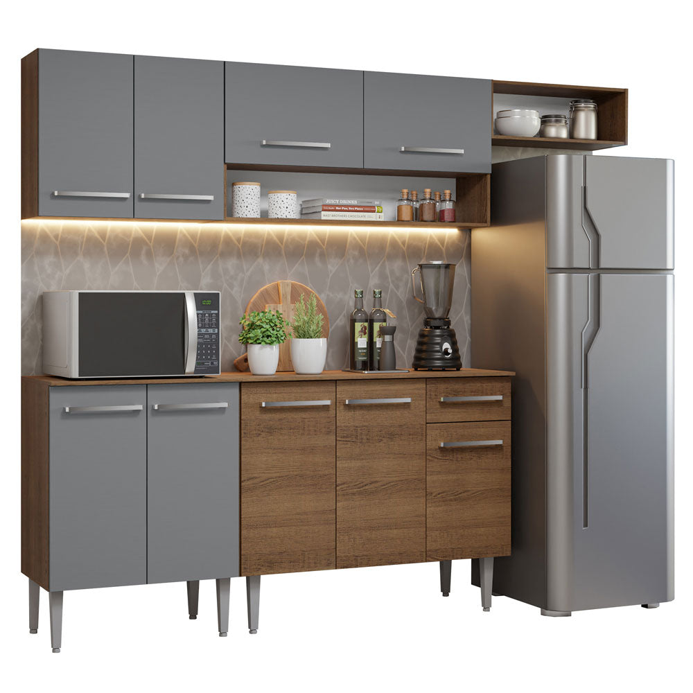 Combo completo de Cocina 229 cm 9 Puertas 1 Cajón Marrón/Gris Emilly Madesa