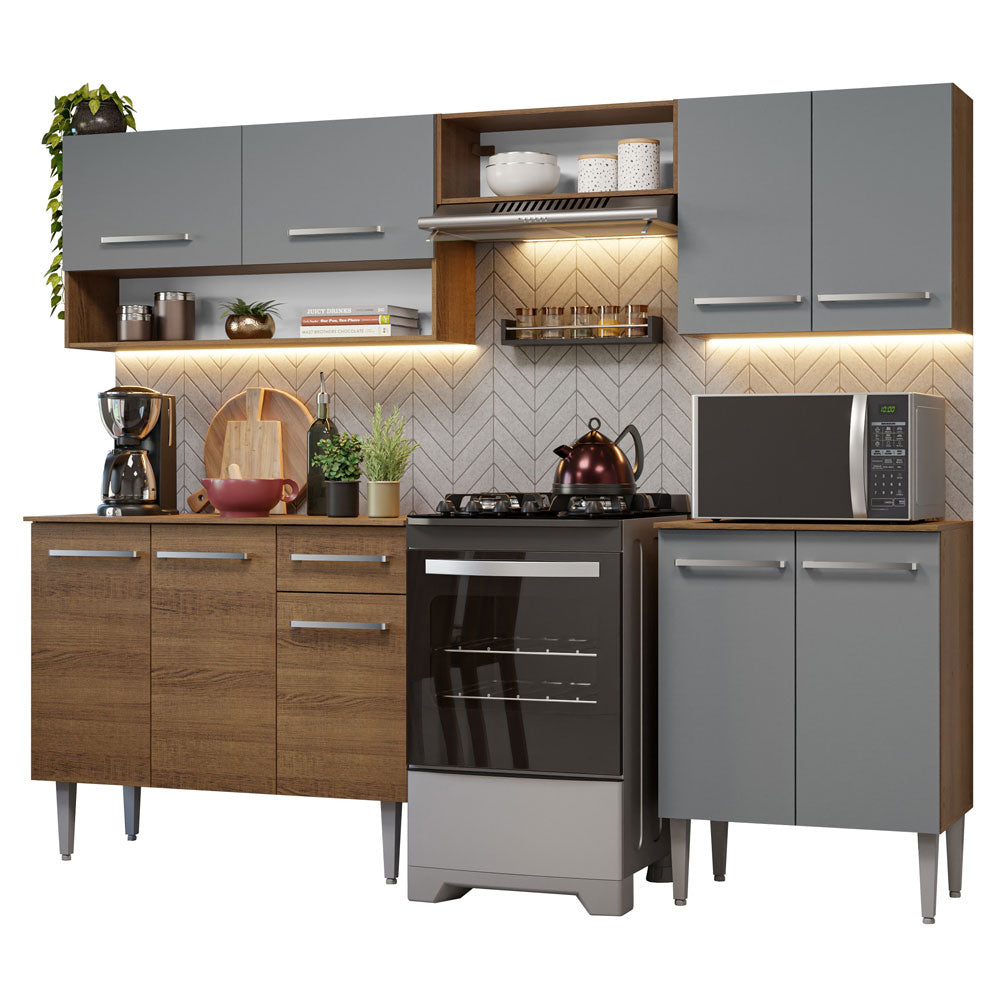 Combo completo de Cocina 229 cm 9 Puertas 1 Cajón Marrón/Gris Emilly Madesa