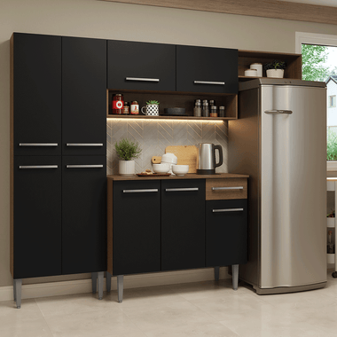 Cocina Compacta 229 cm 9 Puertas 1 Cajón Marrón/Negro Emilly Madesa