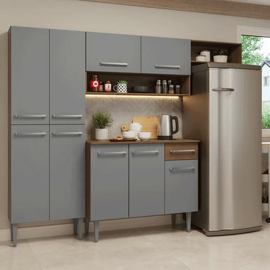 Cocina Compacta 229 cm 9 Puertas 1 Cajón Marrón/Gris Emilly Madesa