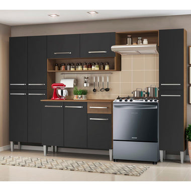 Combo completo de Cocina 261 cm 11 Puertas 1 Cajón Marrón/Negro Emilly Madesa