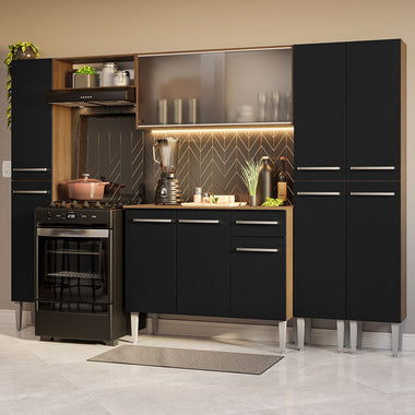 Combo completo de Cocina 261 cm 11 Puertas 1 Cajón Marrón/Negro Emilly Madesa