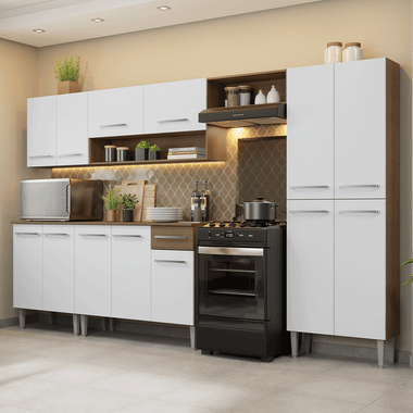 Combo completo de Cocina 293 cm 13 Puertas 1 Cajón Marrón/Blanco Emilly Madesa