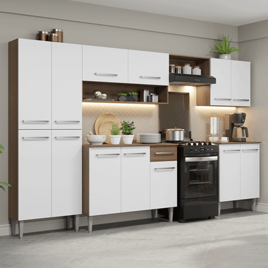 Combo completo de Cocina 293 cm 13 Puertas 1 Cajón Marrón/Blanco Emilly Madesa