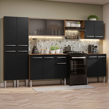 Combo completo de Cocina 293 cm 13 Puertas 1 Cajón Marrón/Negro Emilly Madesa