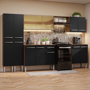 Combo completo de Cocina 293 cm 13 Puertas 1 Cajón Marrón/Negro Emilly Madesa