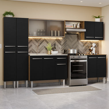 Combo completo de Cocina 293 cm 13 Puertas 1 Cajón con Bacha de Acero Inoxidable Marrón/Negro Emilly Madesa