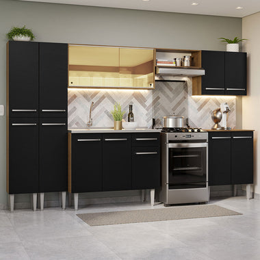 Combo completo de Cocina 293 cm 13 Puertas 1 Cajón con Bacha de Acero Inoxidable Marrón/Negro Emilly Madesa