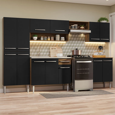 Combo completo de Cocina 293 cm 13 Puertas 1 Cajón con Bacha de Acero Inoxidable Marrón/Negro Emilly Madesa