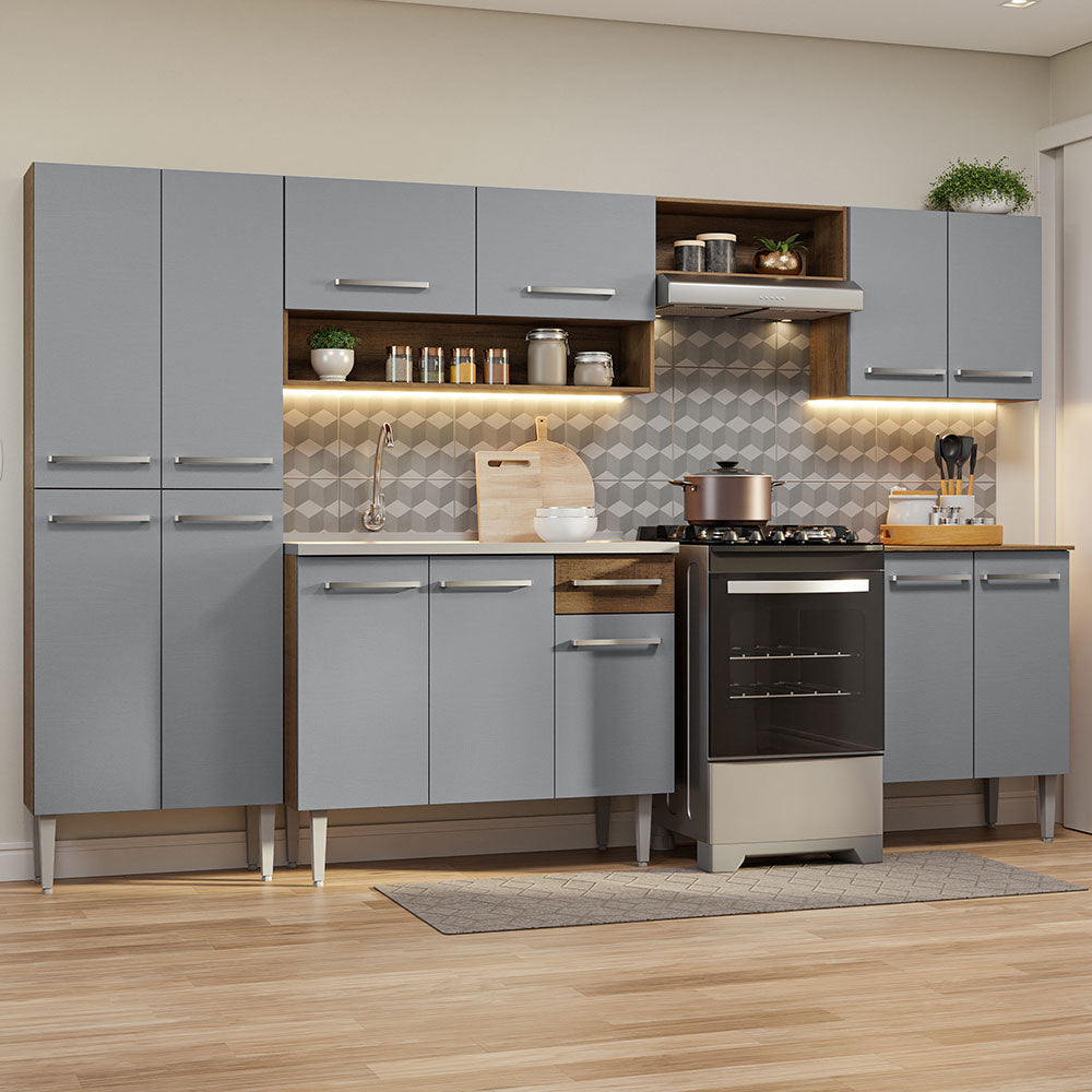 Combo completo de Cocina 293cm con Bacha de acero inoxidable Marrón/Gris Emilly Madesa 08