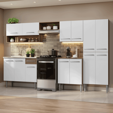 Combo completo de Cocina 293 cm 13 Puertas 1 Cajón Marrón/Blanco Emilly Madesa