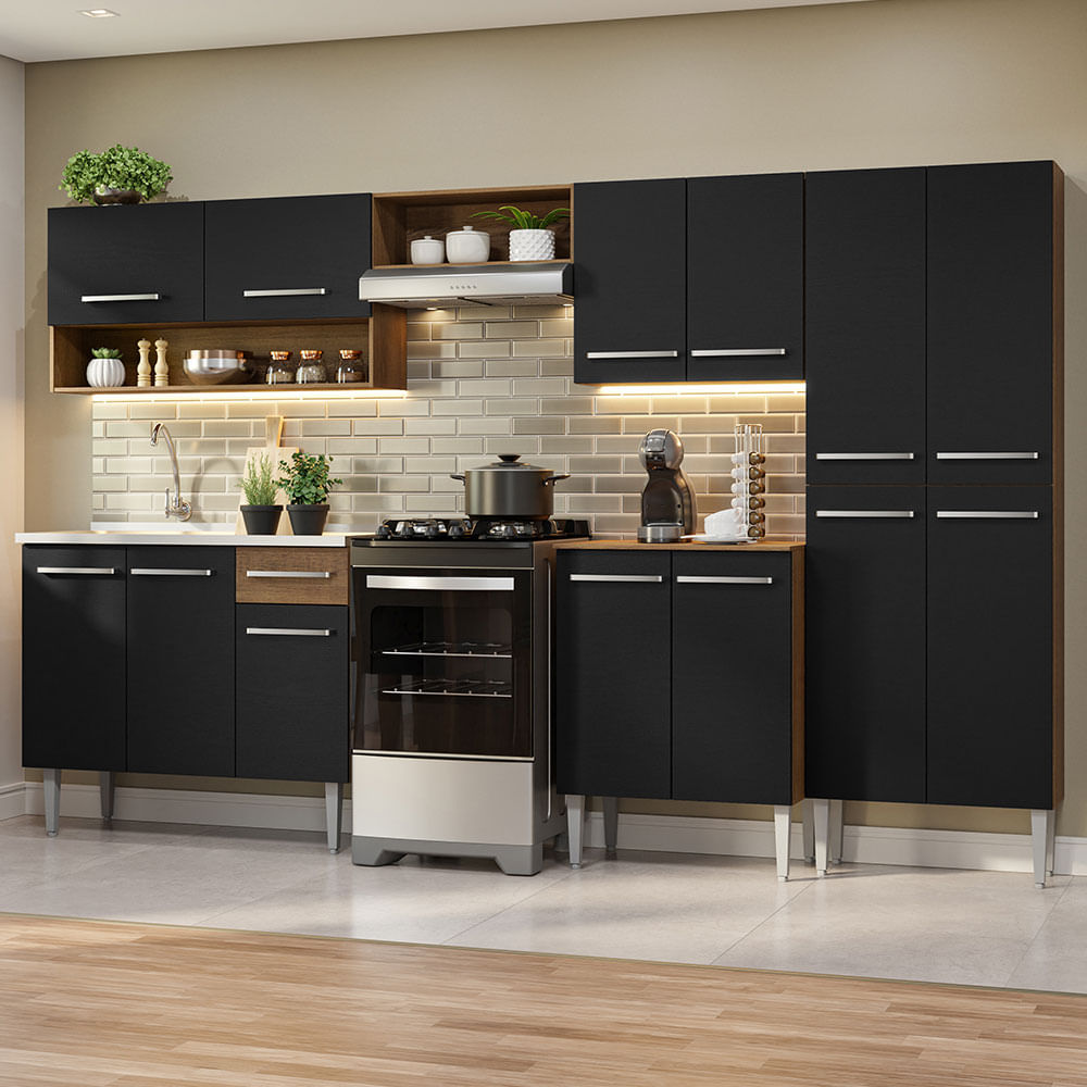 Combo completo de Cocina 293 cm 13 Puertas 1 Cajón con Bacha de Acero Inoxidable Marrón/Negro Emilly Madesa 09
