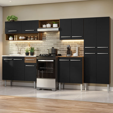 Combo completo de Cocina 293 cm 13 Puertas 1 Cajón con Bacha de Acero Inoxidable Marrón/Negro Emilly Madesa