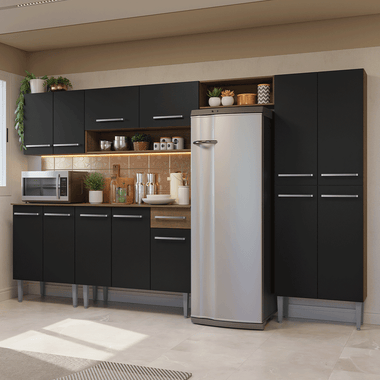 Combo completo de Cocina 293 cm 13 Puertas 1 Cajón Marrón/Negro Emilly Madesa