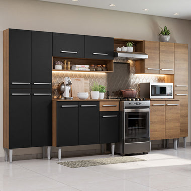 Combo completo de Cocina 325 cm 15 Puertas 1 Cajón Marrón/Negro Emilly Madesa