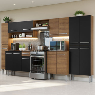 Combo completo de Cocina 325 cm 15 Puertas 1 Cajón Marrón/Negro Emilly Madesa