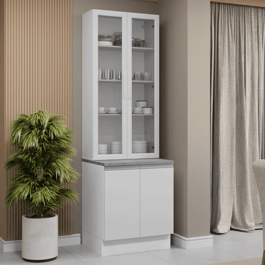 Kit Bajo Mesada y Cristalero 70 cm 4 Puertas Blanco Glamy Madesa