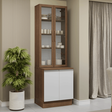 Kit Bajo Mesada y Cristalero 70 cm 4 Puertas Marrón/Blanco Glamy Madesa