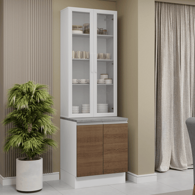 Kit Bajo Mesada y Cristalero 70 cm 4 Puertas Blanco/Marrón Glamy Madesa