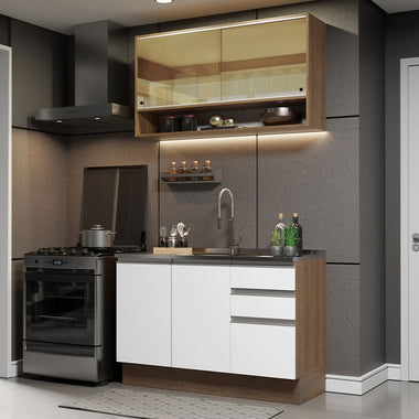 Cocina Compacta 120 cm 4 Puertas 3 Cajones Sin Mesada Marrón/Blanco Glamy Madesa