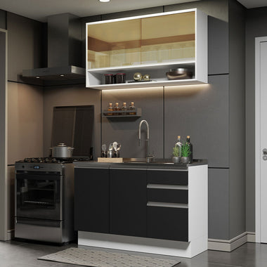 Cocina Compacta 120 cm 4 Puertas 3 Cajones Sin Mesada Blanco/Negro Glamy Madesa