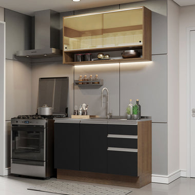 Cocina Compacta 120 cm 4 Puertas 3 Cajones Sin Mesada Marrón/Negro Glamy Madesa