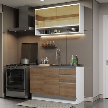 Cocina Compacta 120 cm 4 Puertas 3 Cajones Sin Mesada Blanco/Marrón Glamy Madesa