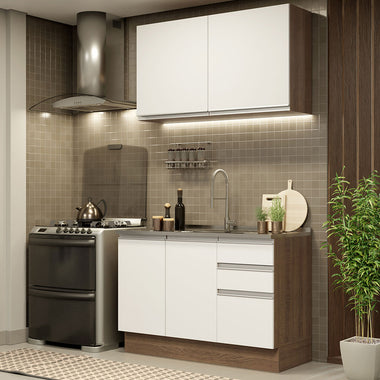 Cocina Compacta 120 cm 4 Puertas 3 Cajones Sin Mesada Marrón/Blanco Glamy Madesa
