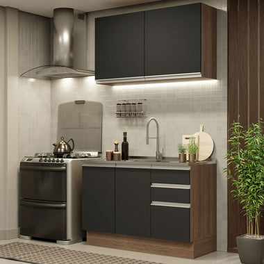Cocina Compacta 120 cm 4 Puertas 3 Cajones Sin Mesada Marrón/Negro Glamy Madesa