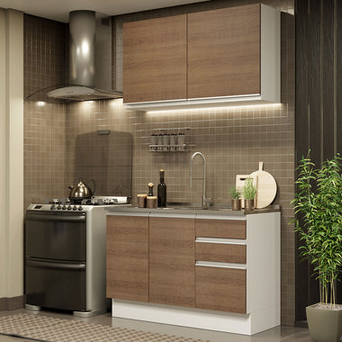 Cocina Compacta 120 cm 4 Puertas 3 Cajones Sin Mesada Blanco/Marrón Glamy Madesa