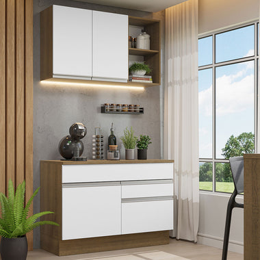 Cocina Compacta 120 cm 3 Puertas 2 Cajones Marrón/Blanco Glamy Madesa