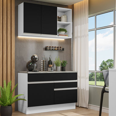 Cocina Compacta 120 cm 3 Puertas 2 Cajones Blanco/Negro Glamy Madesa