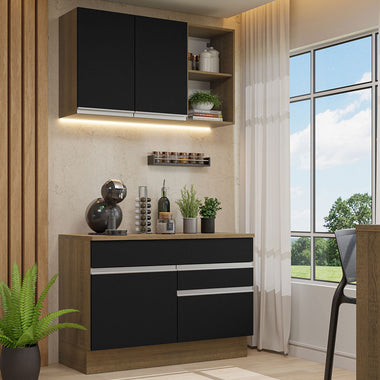 Cocina Compacta 120 cm 3 Puertas 2 Cajones Marrón/Negro Glamy Madesa
