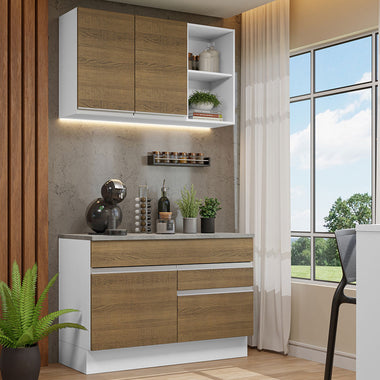 Cocina Compacta 120 cm 3 Puertas 2 Cajones Blanco/Marrón Glamy Madesa