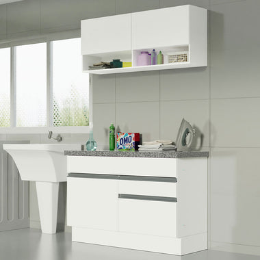 Kit Alacena y Bajo Mesada 120 cm 3 Puertas 2 Cajones y Nicho Abierto para Lavadero Blanco Glamy Madesa