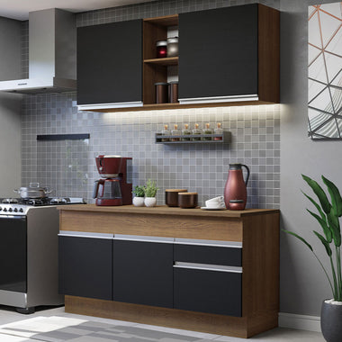 Cocina Compacta 150 cm 4 Puertas 2 Cajones Marrón/Negro Glamy Madesa