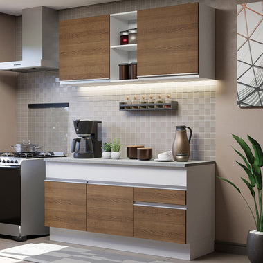 Cocina Compacta 150 cm 4 Puertas 2 Cajones Blanco/Marrón Glamy Madesa