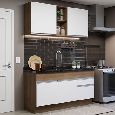 Cocina Compacta 150 cm 4 Puertas 2 Cajones Sin Mesada Marrón/Blanco Glamy Madesa