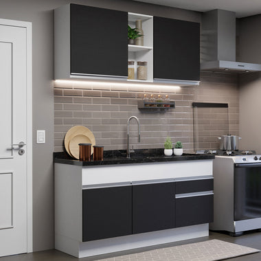 Cocina Compacta 150 cm 4 Puertas 2 Cajones Sin Mesada Blanco/Negro Glamy Madesa