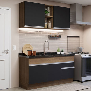 Cocina Compacta 150 cm 4 Puertas 2 Cajones Sin Mesada Marrón/Negro Glamy Madesa