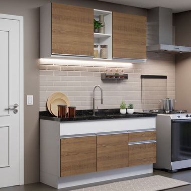 Cocina Compacta 150 cm 4 Puertas 2 Cajones Sin Mesada Blanco/Marrón Glamy Madesa