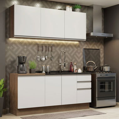 Cocina Compacta 180 cm 6 Puertas 3 Cajones Sin Mesada Marrón/Blanco Glamy Madesa