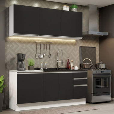 Cocina Compacta 180 cm 6 Puertas 3 Cajones Sin Mesada Blanco/Negro Glamy Madesa